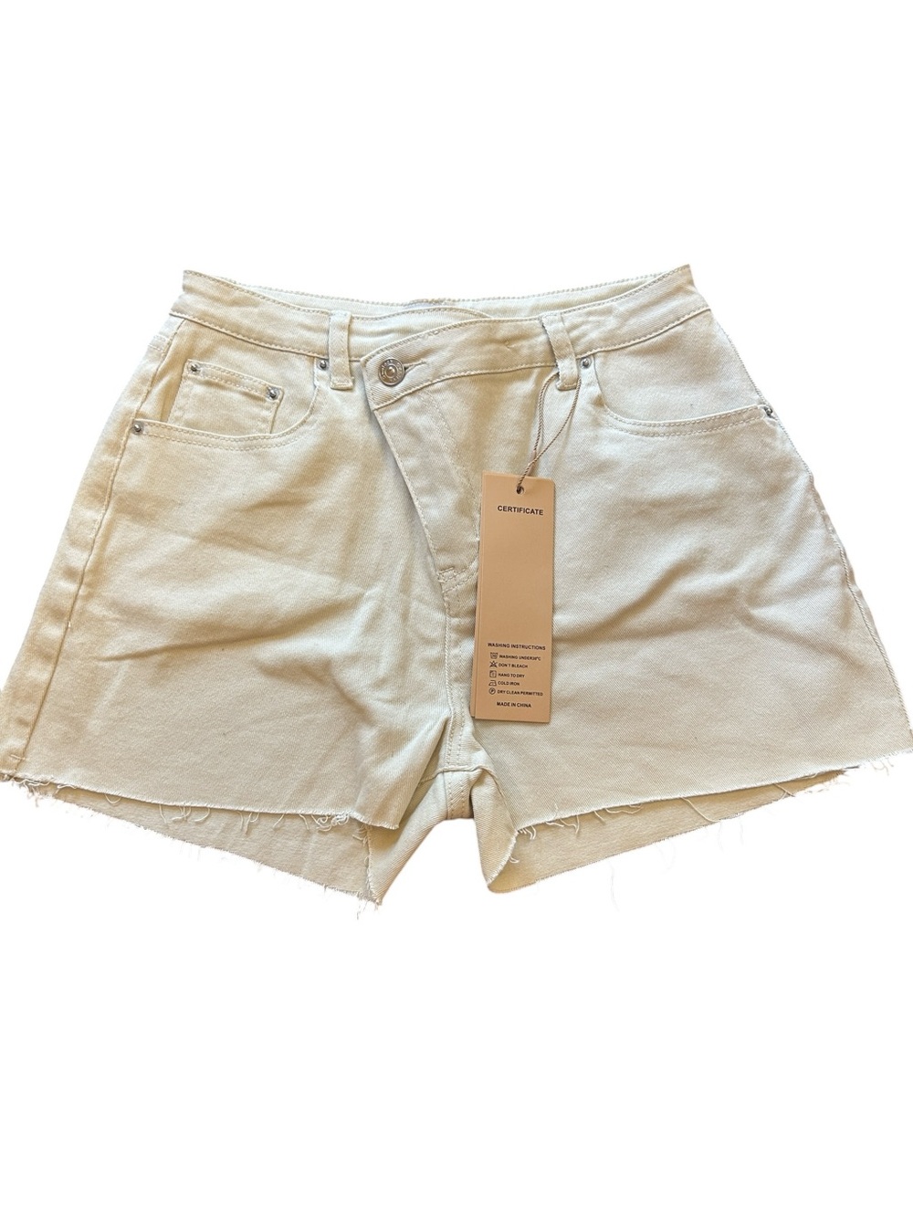 Genleck New asymmetric zipper distressed denim cutoff shorts cotton medium